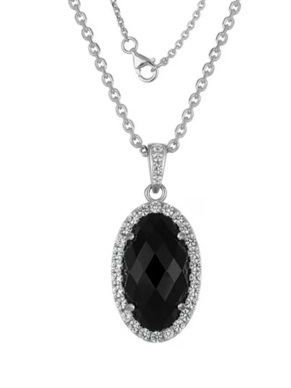 White Rhodium Sterling Silver Black Oval Onyx Diamond Halo Necklace